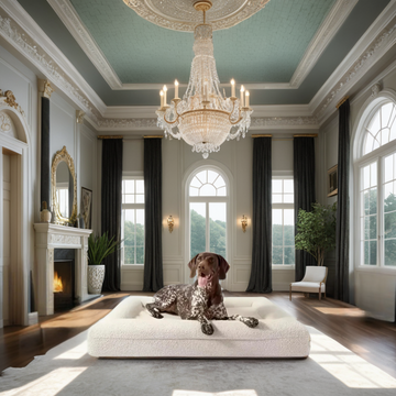 Barkshire Pet Lounger with a fluffy dog lounging comfortably on the cream boucle pet lounger in a chic living room.
