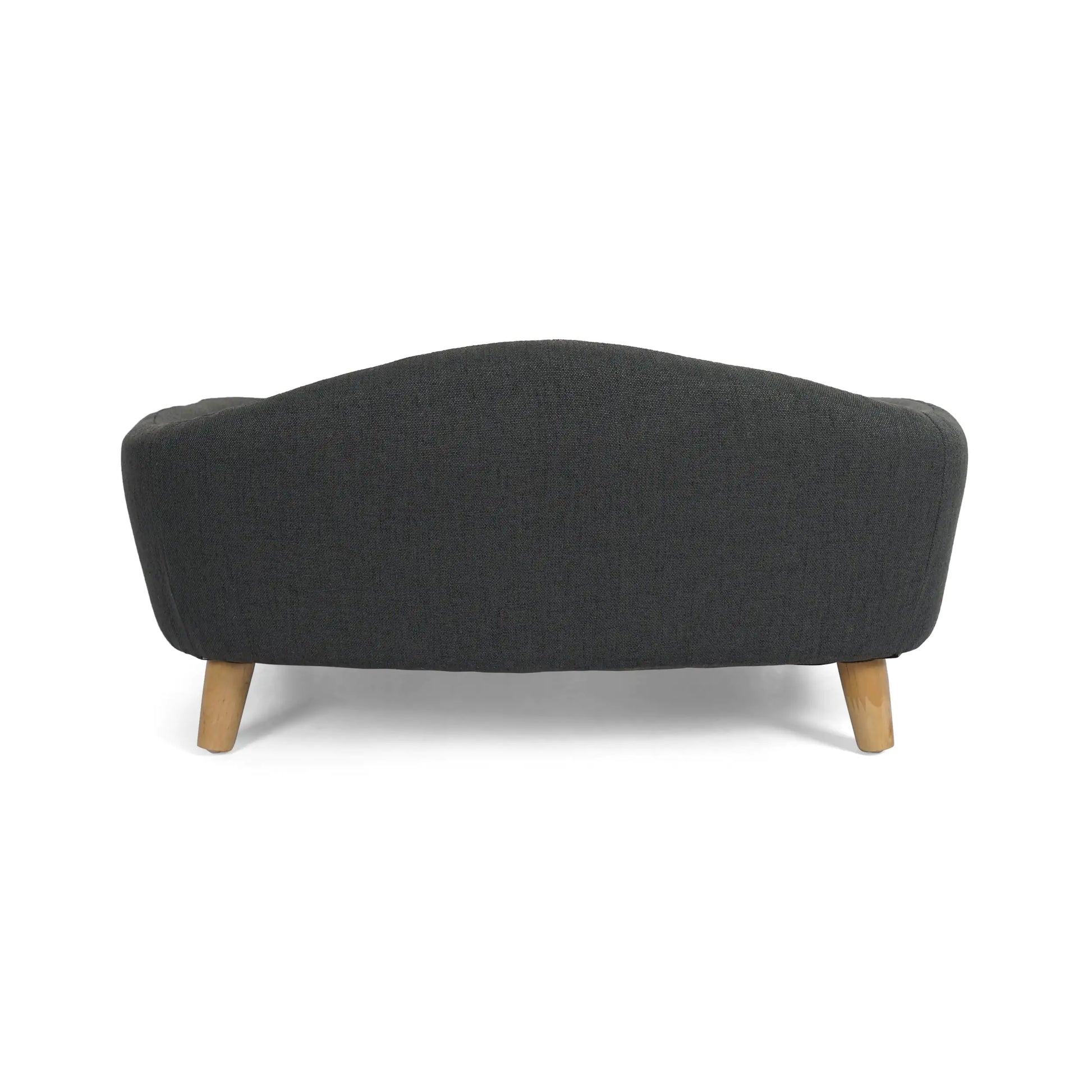 Back view of Marbelle mid-century sofa dog bed with sleek birch wood legs and soft fabric.