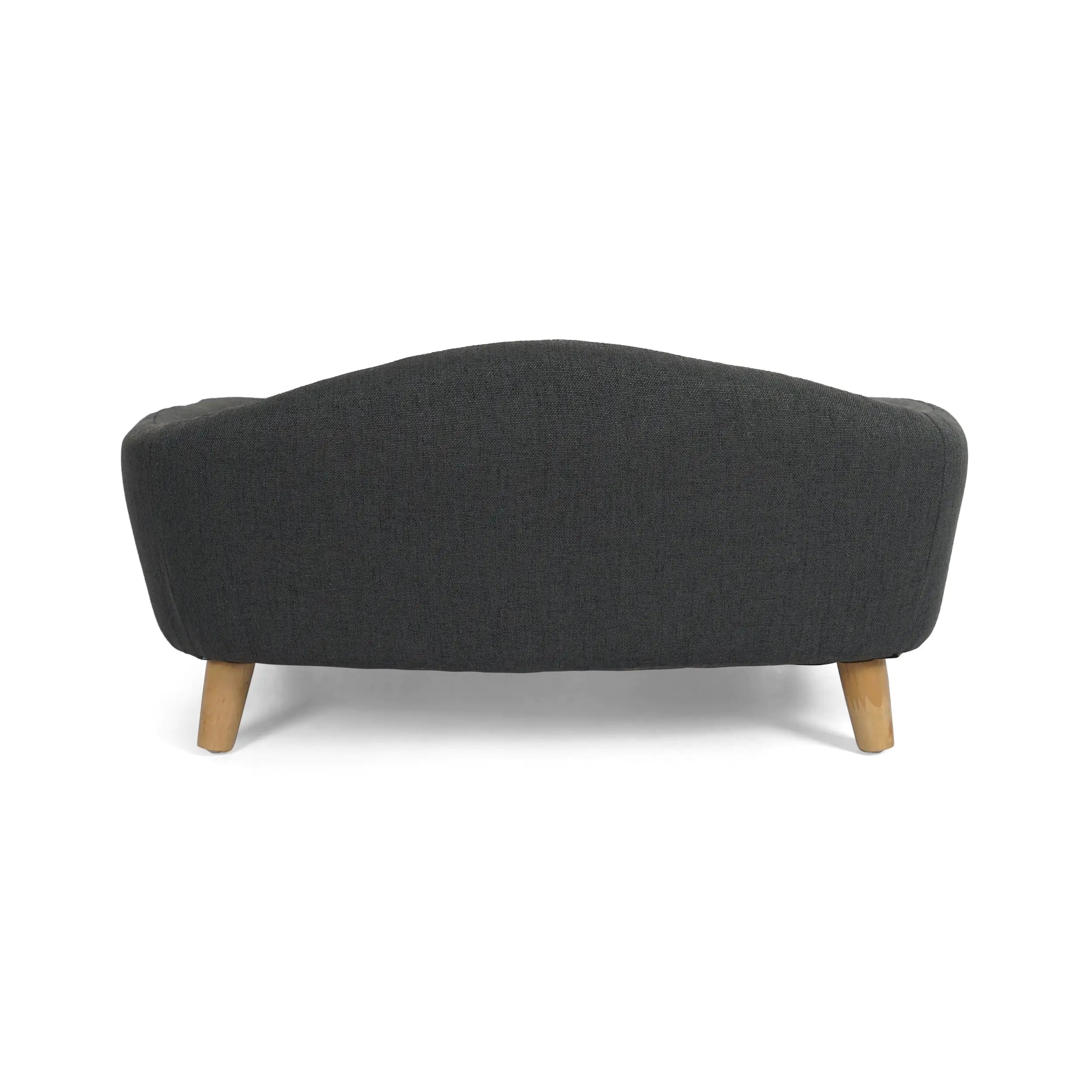 Back view of Marbelle mid-century sofa dog bed with sleek birch wood legs and soft fabric.