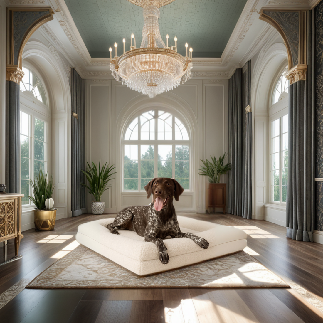 Barkshire Pet Lounger with a fluffy dog lounging comfortably on the cream boucle pet lounger in a chic living room.