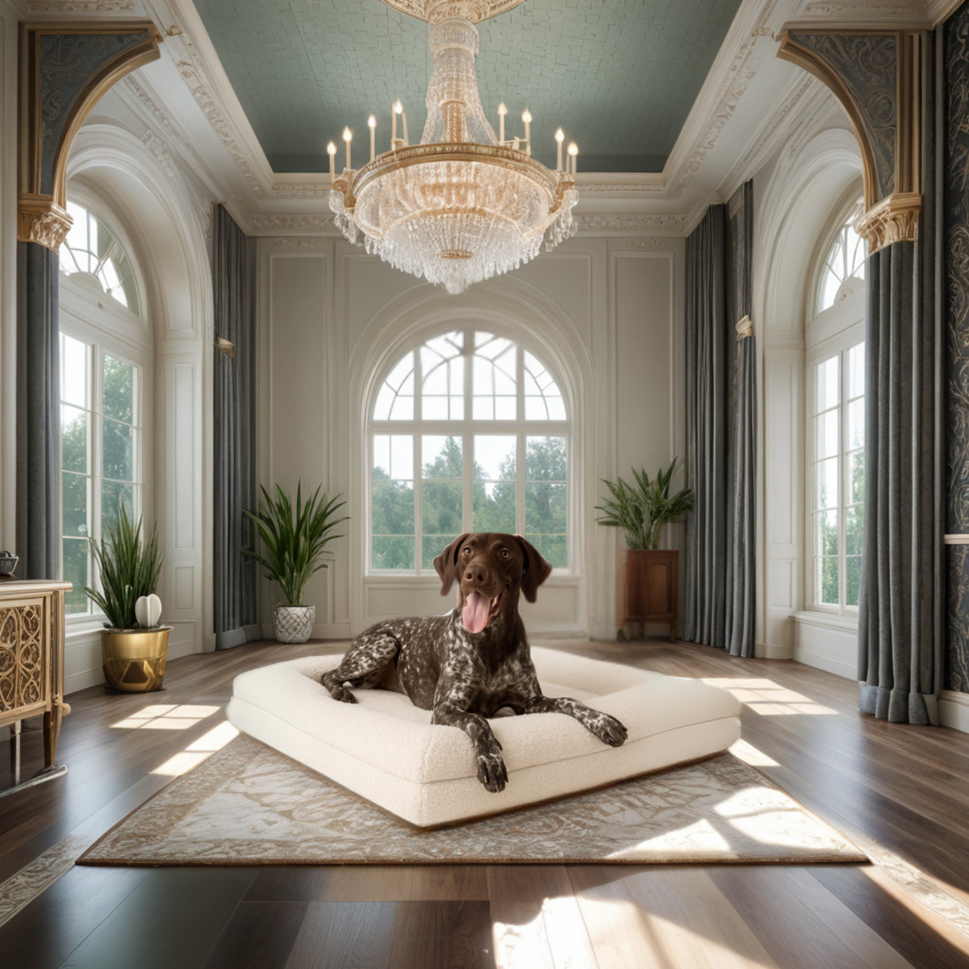 Barkshire Sofa Dog Bed featuring a happy dog lounging comfortably on a stylish cream boucle pet lounger in a chic living room.