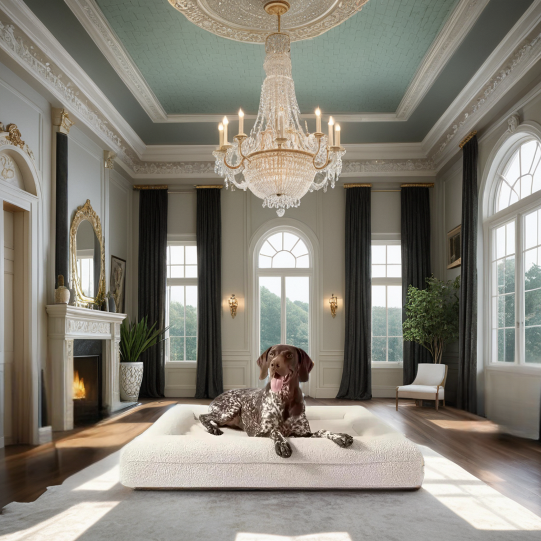Barkshire Pet Lounger with a fluffy dog lounging comfortably on the cream boucle pet lounger in a chic living room.