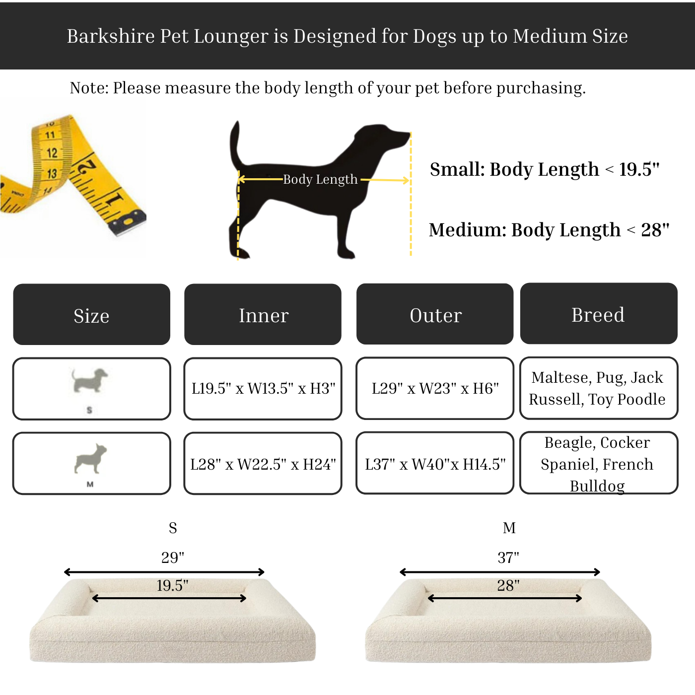 Barkshire Pet Lounger dimensions for dogs up to medium size.