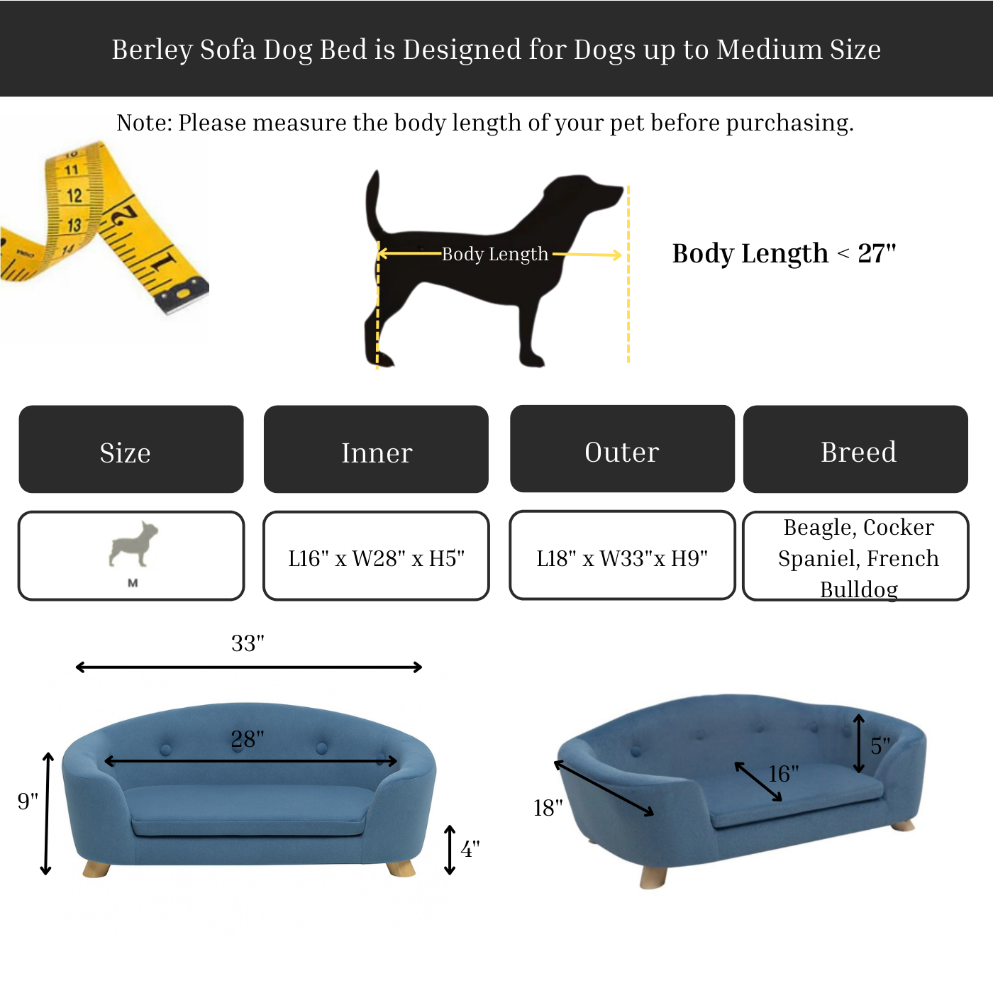 Rover Sofa Dog Bed dimensions for dogs up to medium size.