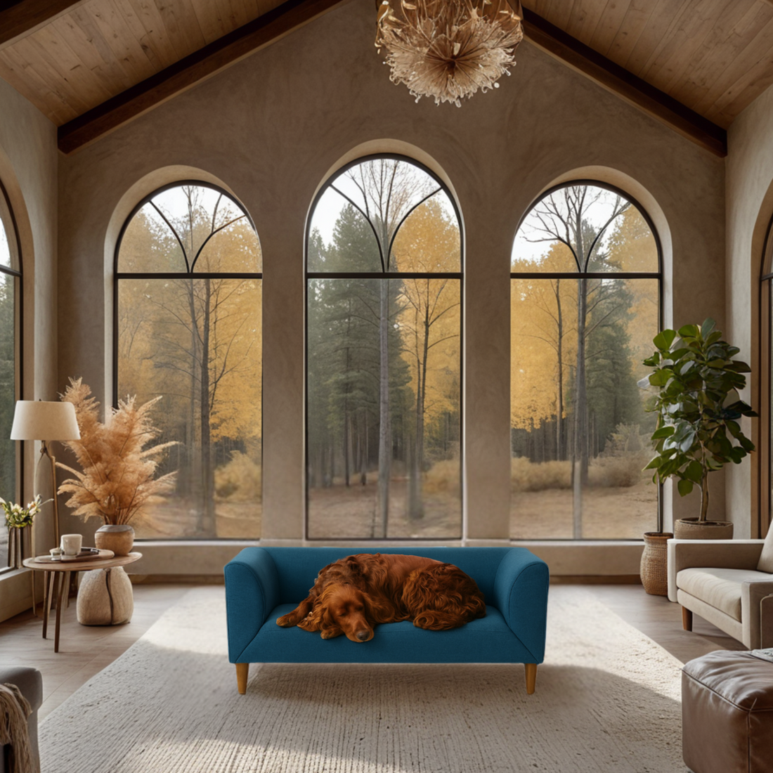 Haute Sofa Dog Bed with a fluffy dog lounging comfortably on a teal sofa in a chic living room.