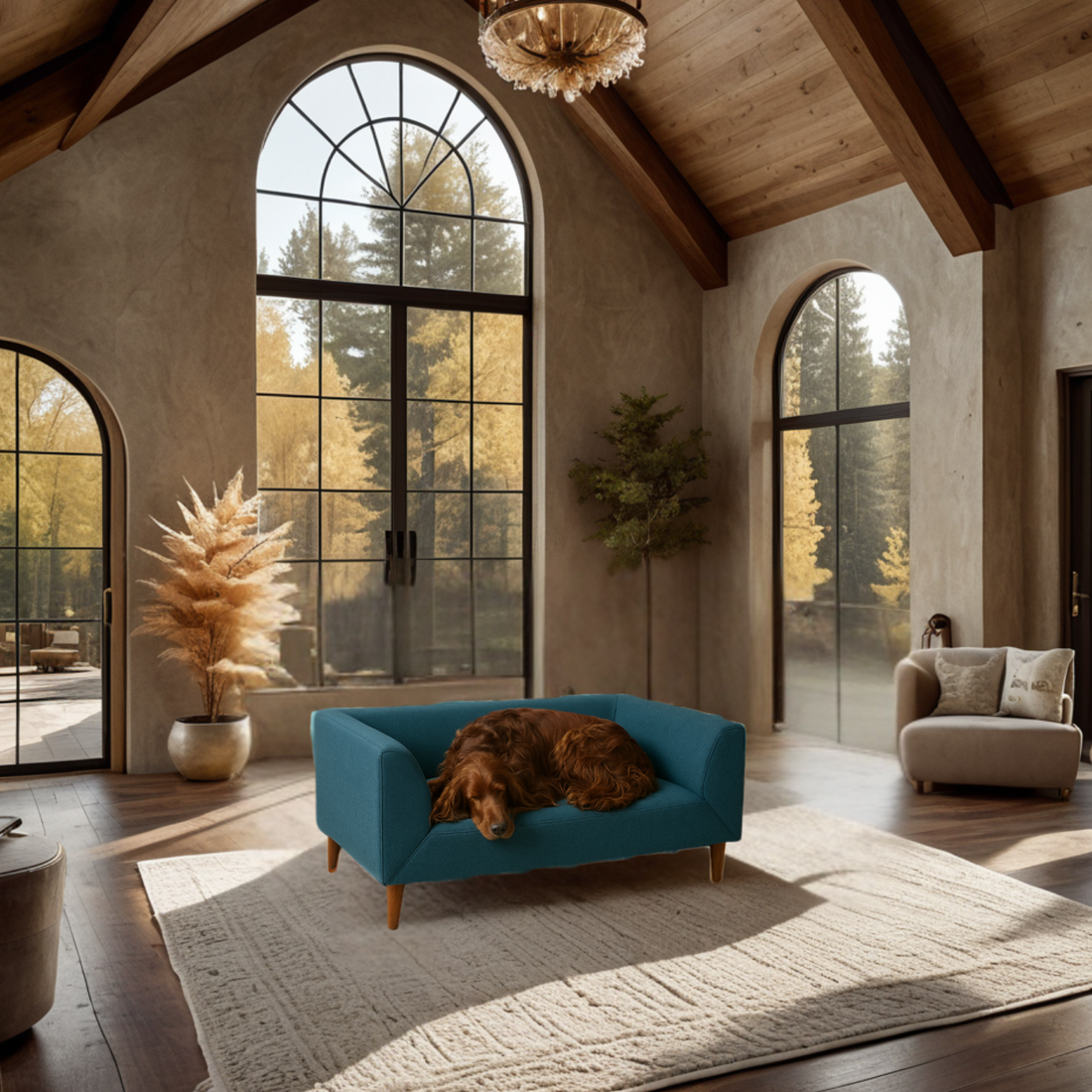 Haute Sofa Dog Bed with a fluffy dog lounging comfortably on a teal sofa in a chic living room.