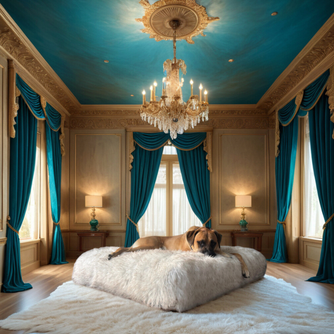 Large dog relaxing on a plush Luxe Pet Lounger in a premium faux fur material in a stylish, elegantly designed living room.