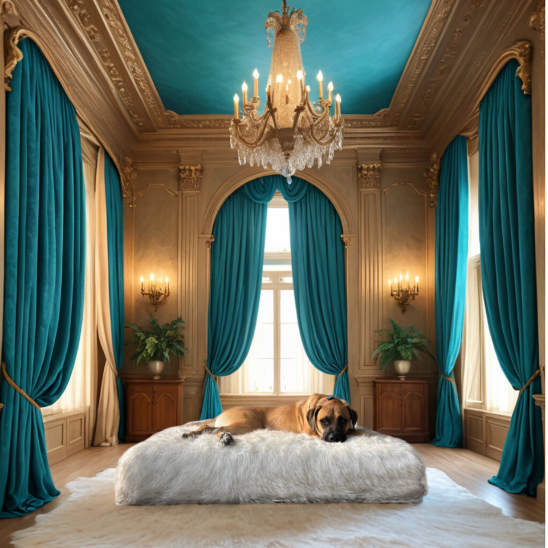 Large dog relaxing on a plush Luxe Pet Lounger in a premium faux fur material in a stylish, elegantly designed living room.
