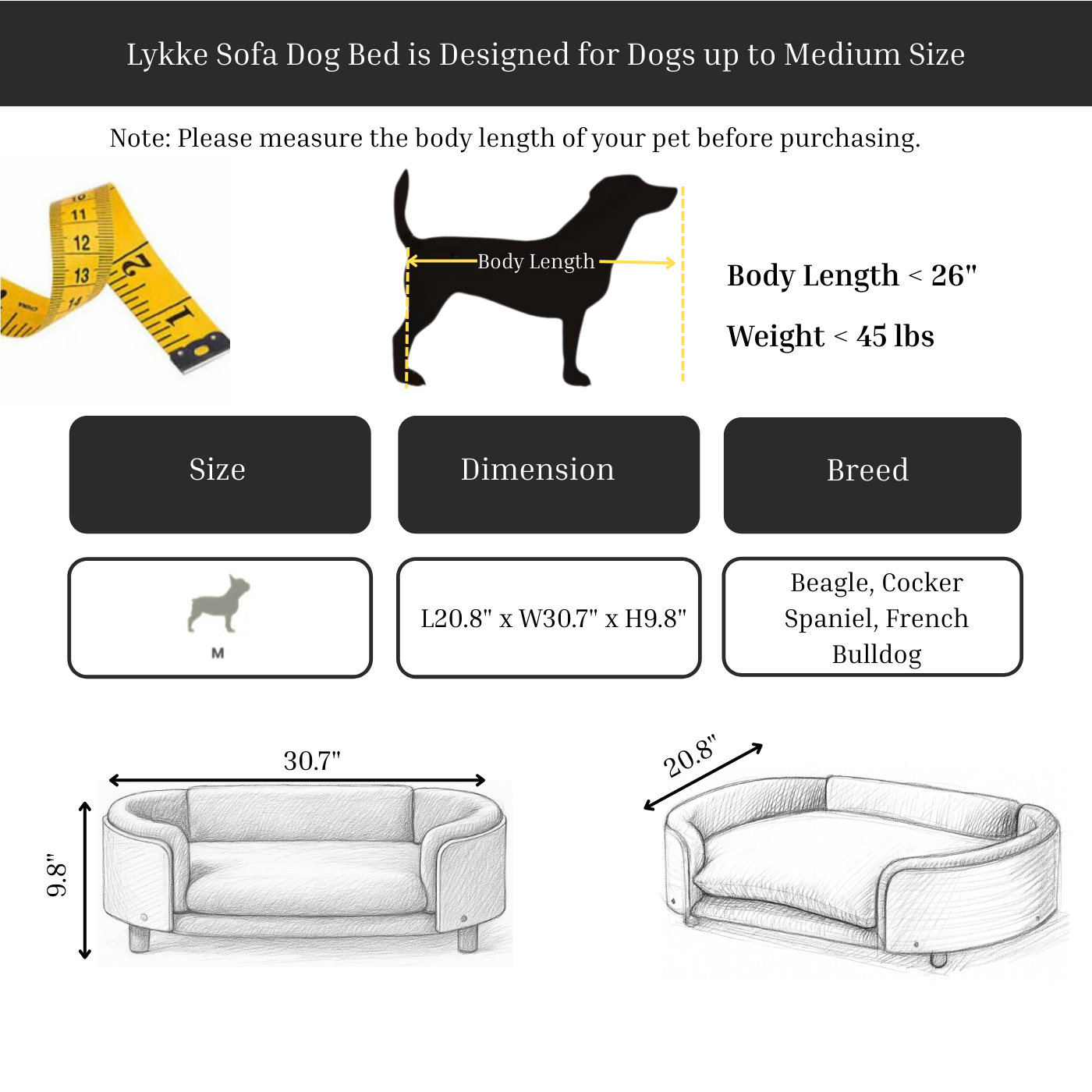 Lykke Sofa Dog Bed dimensions for dogs up to medium size.