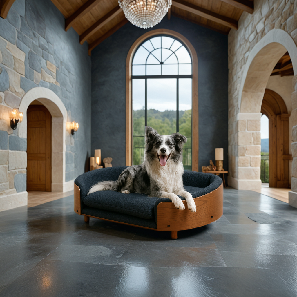 Lykke Sofa Dog Bed with a fluffy dog lounging comfortably on a Scandinavian style navy blue sofa in a chic living room.