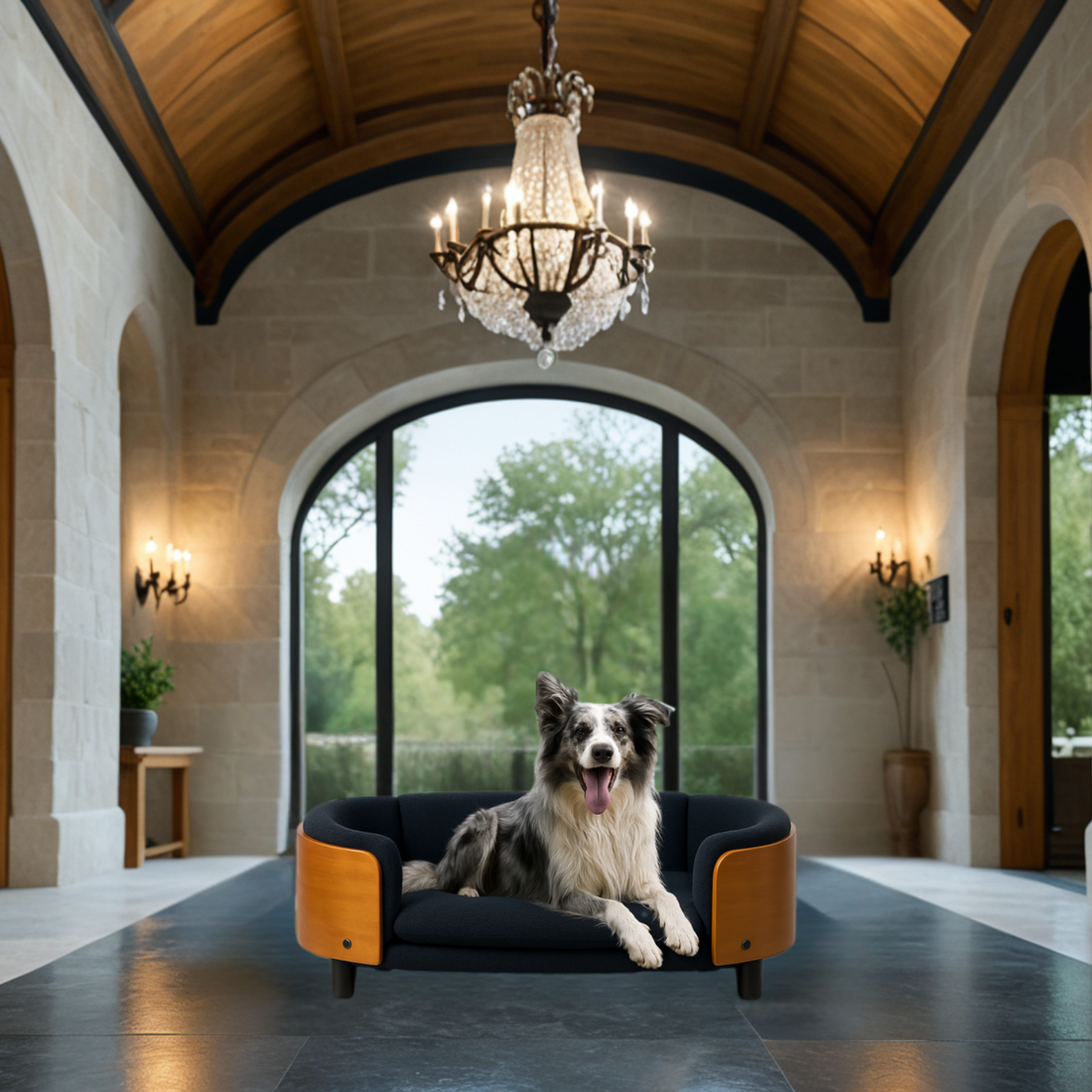 Lykke Sofa Dog Bed with a fluffy dog lounging comfortably on a Scandinavian style navy blue sofa in a chic living room.