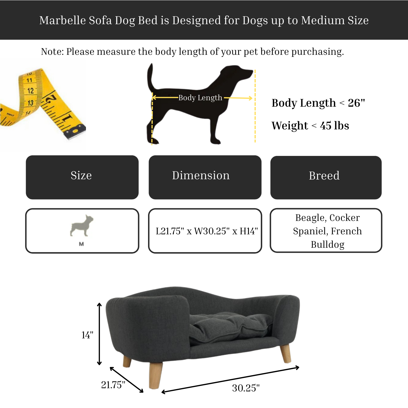 Marbelle Sofa Dog Bed dimensions for dogs up to medium size, mid-century sofa dog bed for Beagle, Cocker Spaniel, French Bulldog.